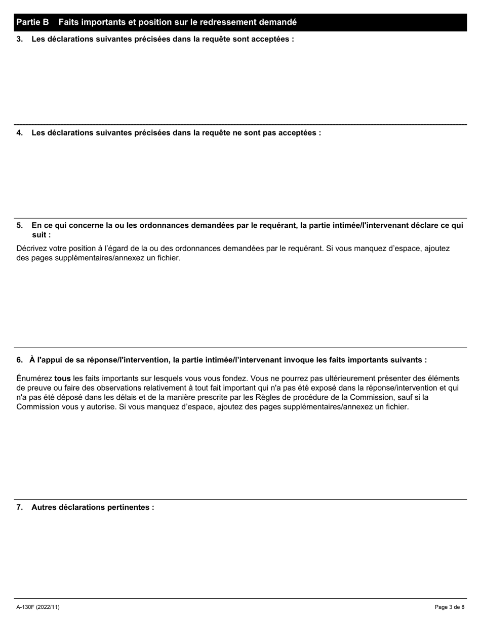 Forme A-130 Reponse / Intervention - Requete Relative a DES Represailles Illicites - Ontario, Canada (French), Page 3