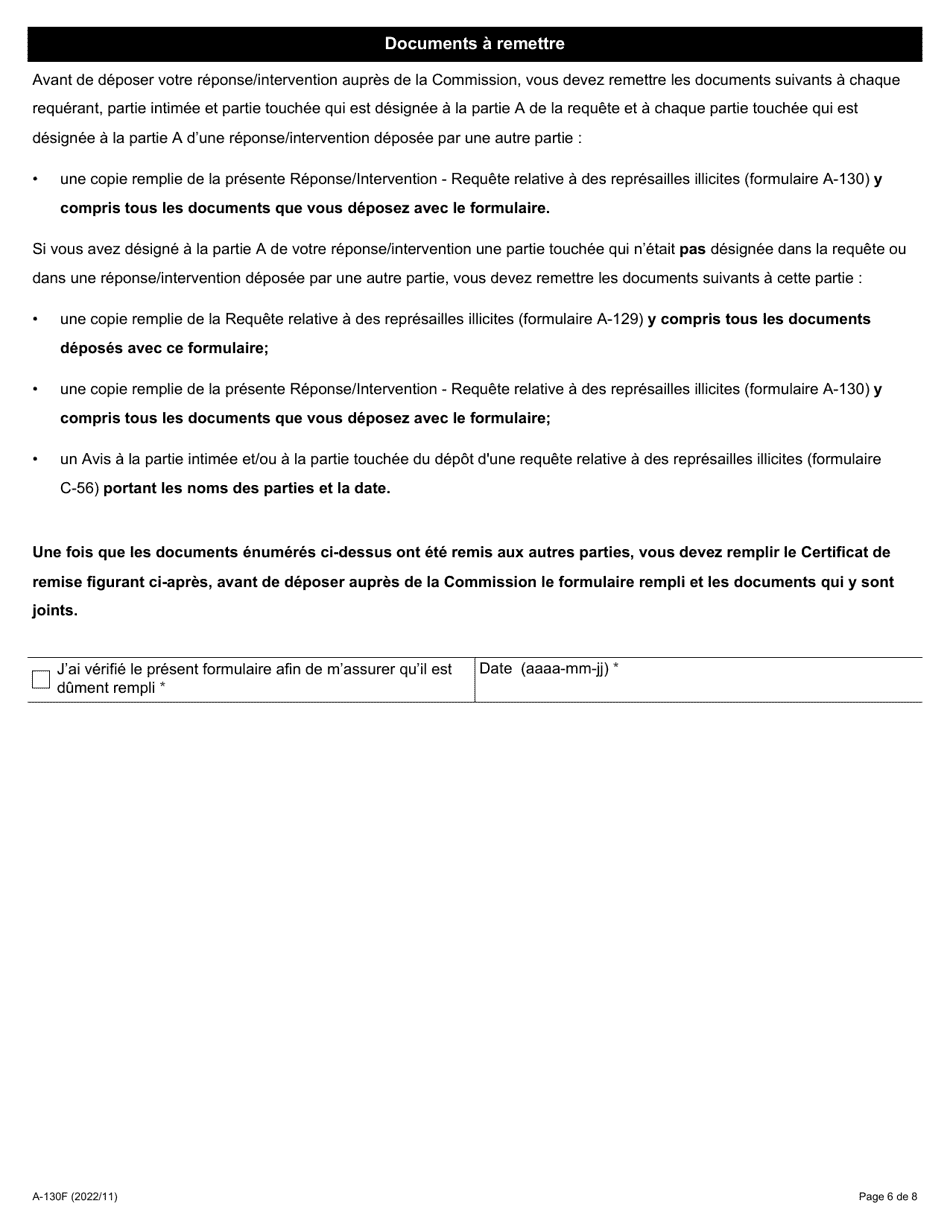 Forme A-130 Reponse / Intervention - Requete Relative a DES Represailles Illicites - Ontario, Canada (French), Page 6