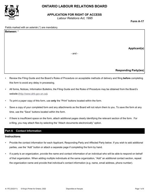 Form A-17 Application for Right of Access - Ontario, Canada