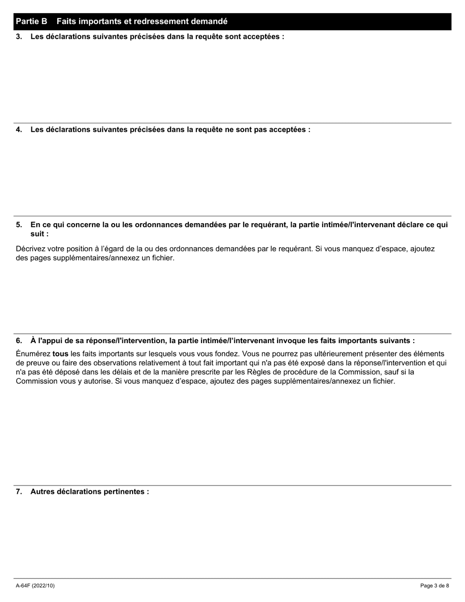 Forme A-64 Reponse / Intervention  Requete En Vertu De La Loi De 1997 Sur Les Relations De Travail Liees a La Transition Dans Le Secteur Public (A Lexclusion DES Articles 21, 22 Et 23 De La Loi) - Ontario, Canada (French), Page 3