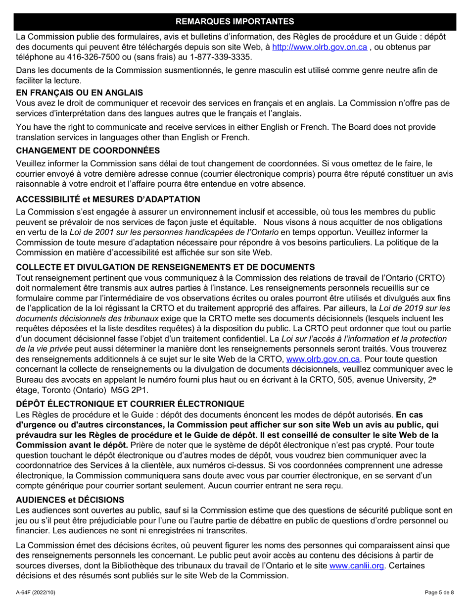 Forme A-64 Reponse / Intervention  Requete En Vertu De La Loi De 1997 Sur Les Relations De Travail Liees a La Transition Dans Le Secteur Public (A Lexclusion DES Articles 21, 22 Et 23 De La Loi) - Ontario, Canada (French), Page 5