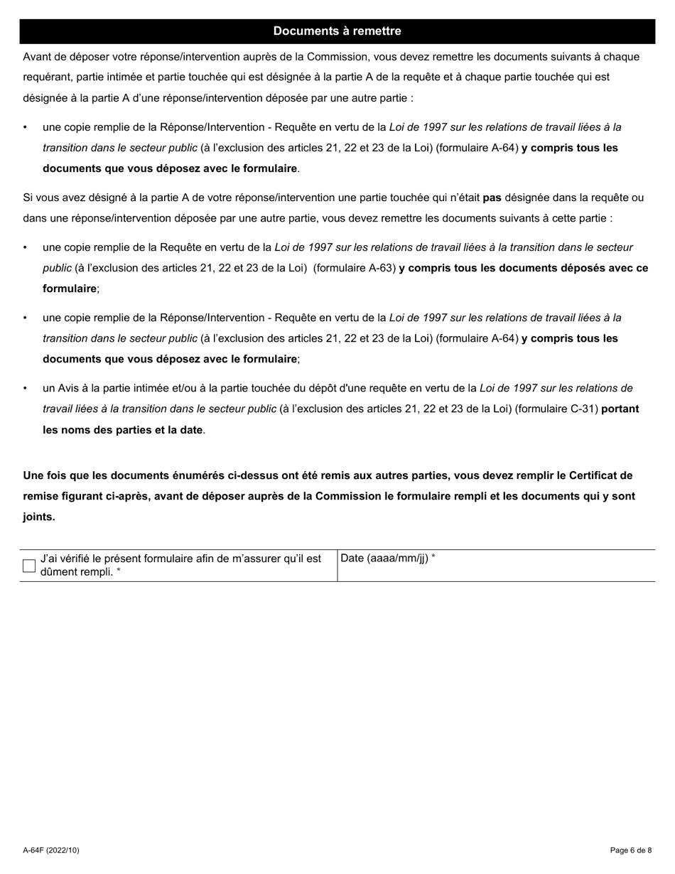 Forme A-64 Reponse / Intervention  Requete En Vertu De La Loi De 1997 Sur Les Relations De Travail Liees a La Transition Dans Le Secteur Public (A Lexclusion DES Articles 21, 22 Et 23 De La Loi) - Ontario, Canada (French), Page 6