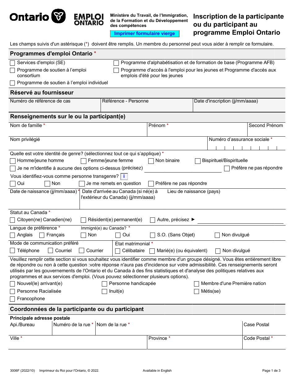 Forme 3006F Inscription De La Participante Ou Du Participant Au Programme Emploi Ontario - Ontario, Canada (French), Page 1