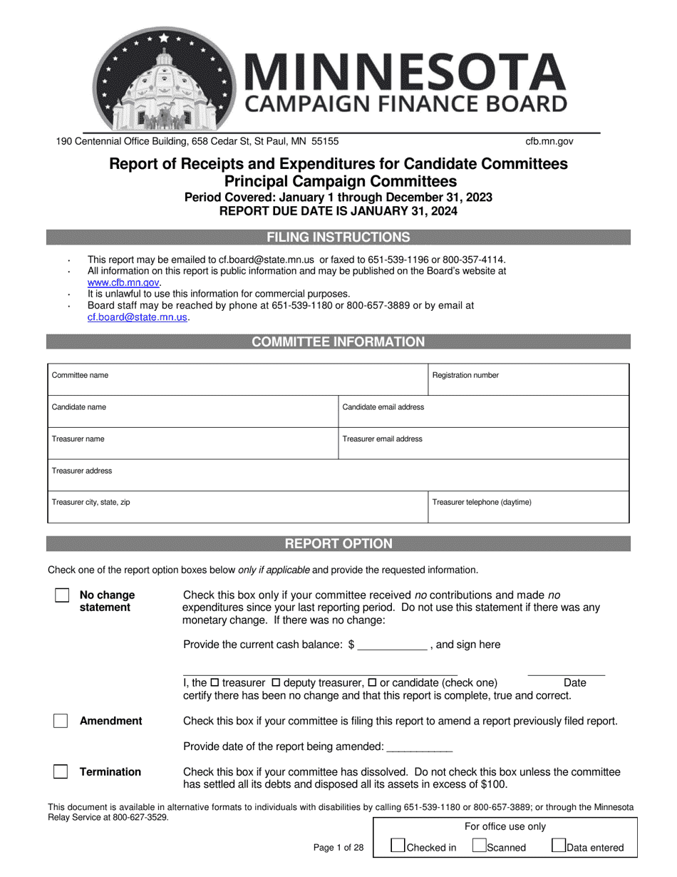 Report of Receipts and Expenditures for Candidate Committees Principal Campaign Committees - Minnesota, Page 1