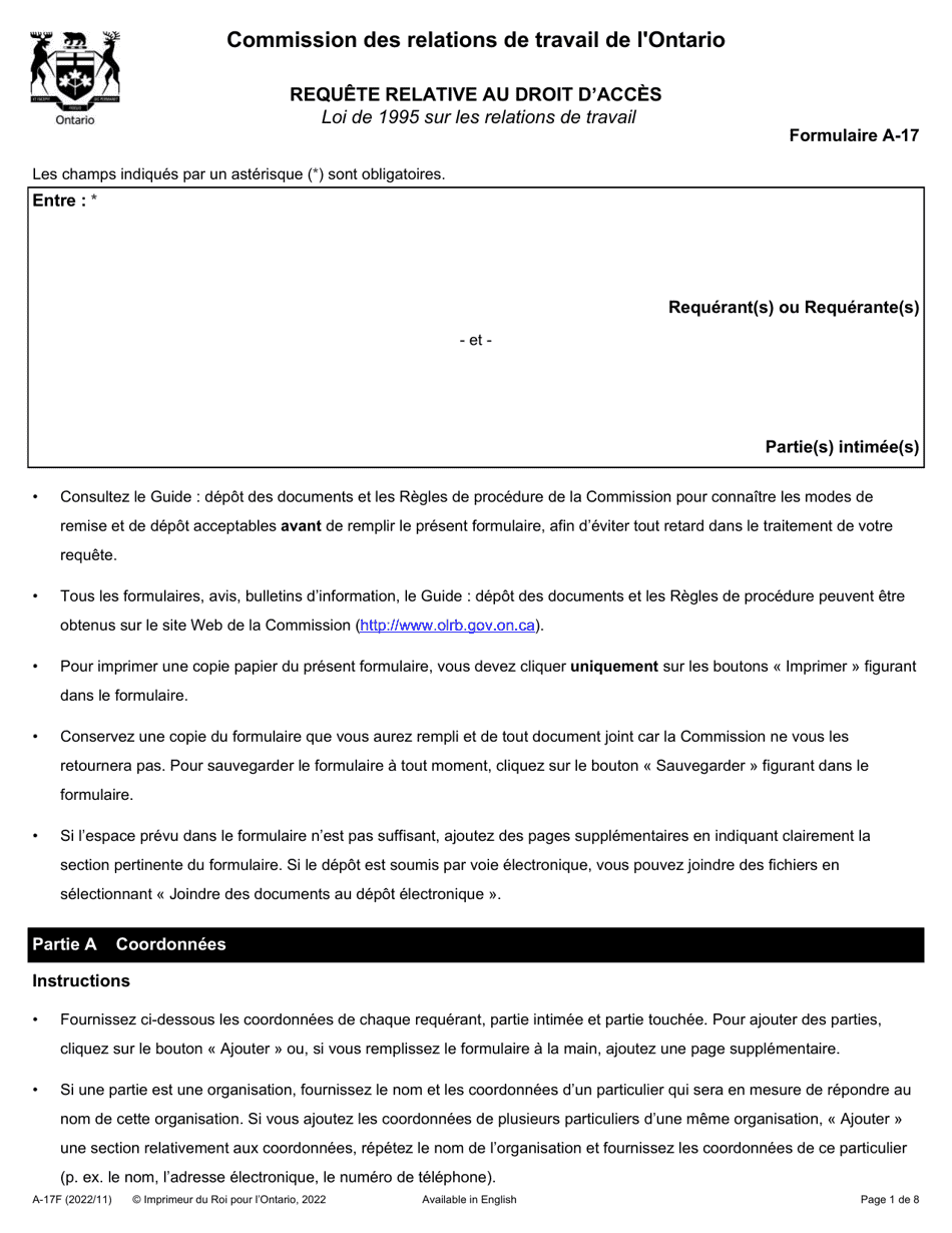 Forme A-17 - Fill Out, Sign Online and Download Fillable PDF, Ontario ...