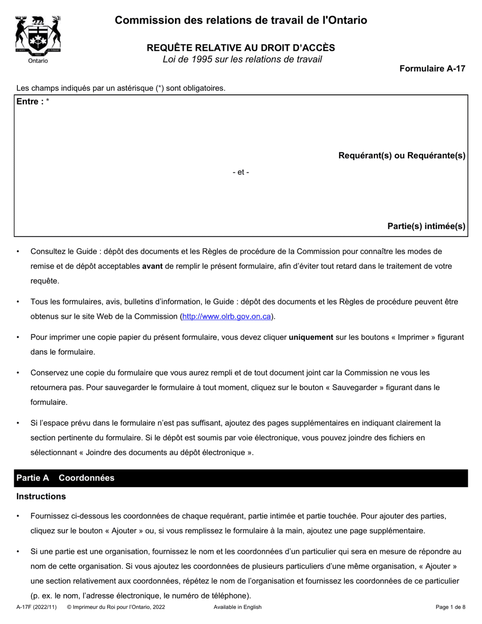 Forme A-17 Requete Relative Au Droit Dacces - Ontario, Canada (French), Page 1