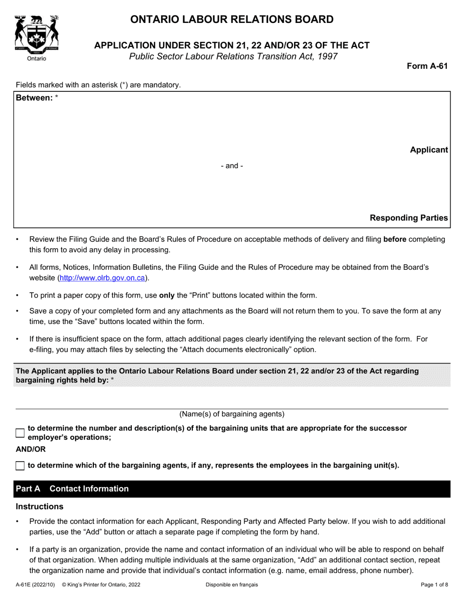 Form A-61 Application Under Section 21, 22, and / or 23 of the Act - Ontario, Canada, Page 1