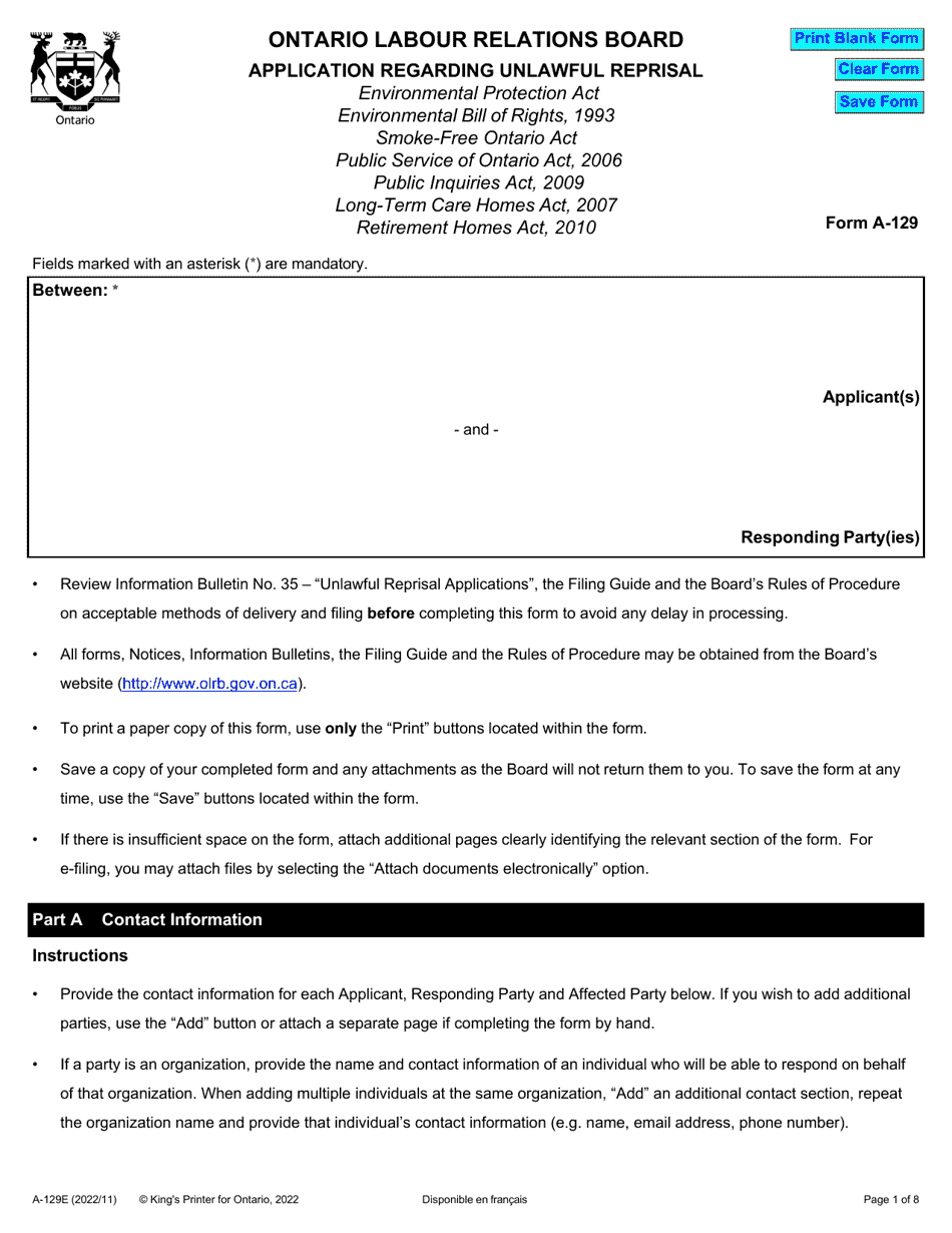 Form A-129 Application Regarding Unlawful Reprisal - Ontario, Canada, Page 1