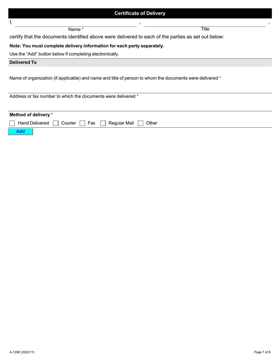 Form A-129 Application Regarding Unlawful Reprisal - Ontario, Canada, Page 7