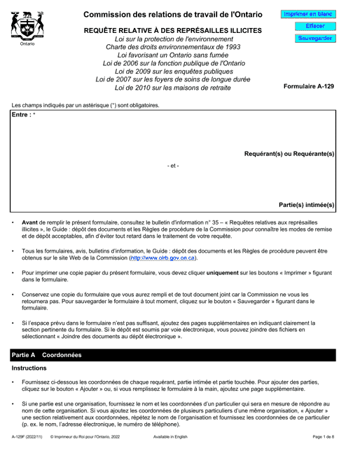 Forme A-129 Requete Relative a DES Represailles Illicites - Ontario, Canada (French)