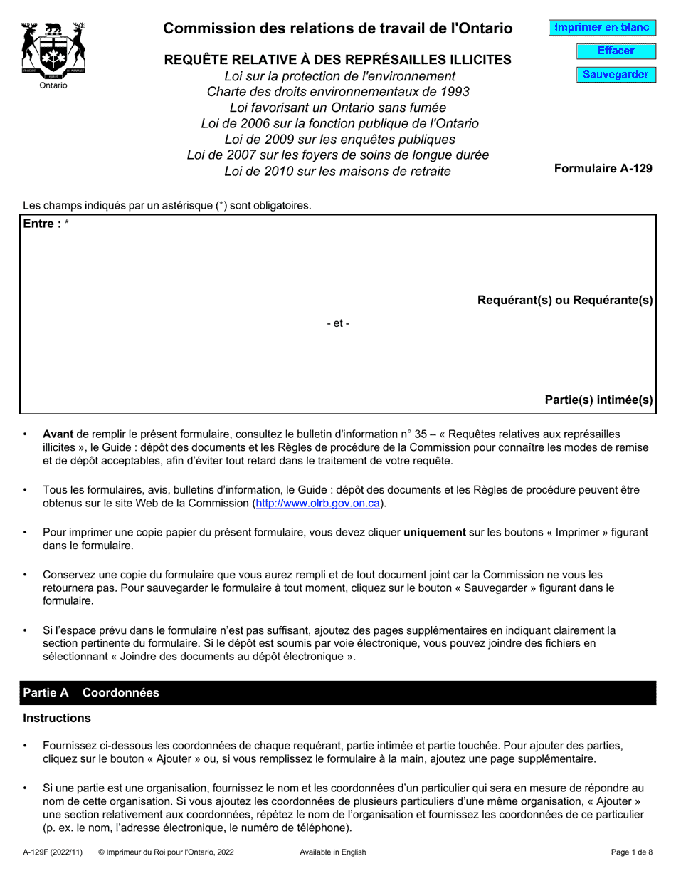 Forme A-129 Requete Relative a DES Represailles Illicites - Ontario, Canada (French), Page 1