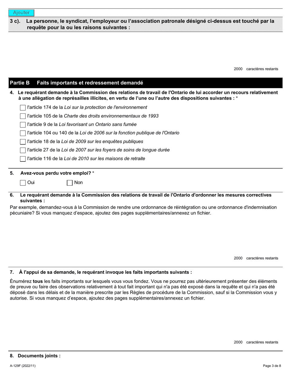Forme A-129 Requete Relative a DES Represailles Illicites - Ontario, Canada (French), Page 3