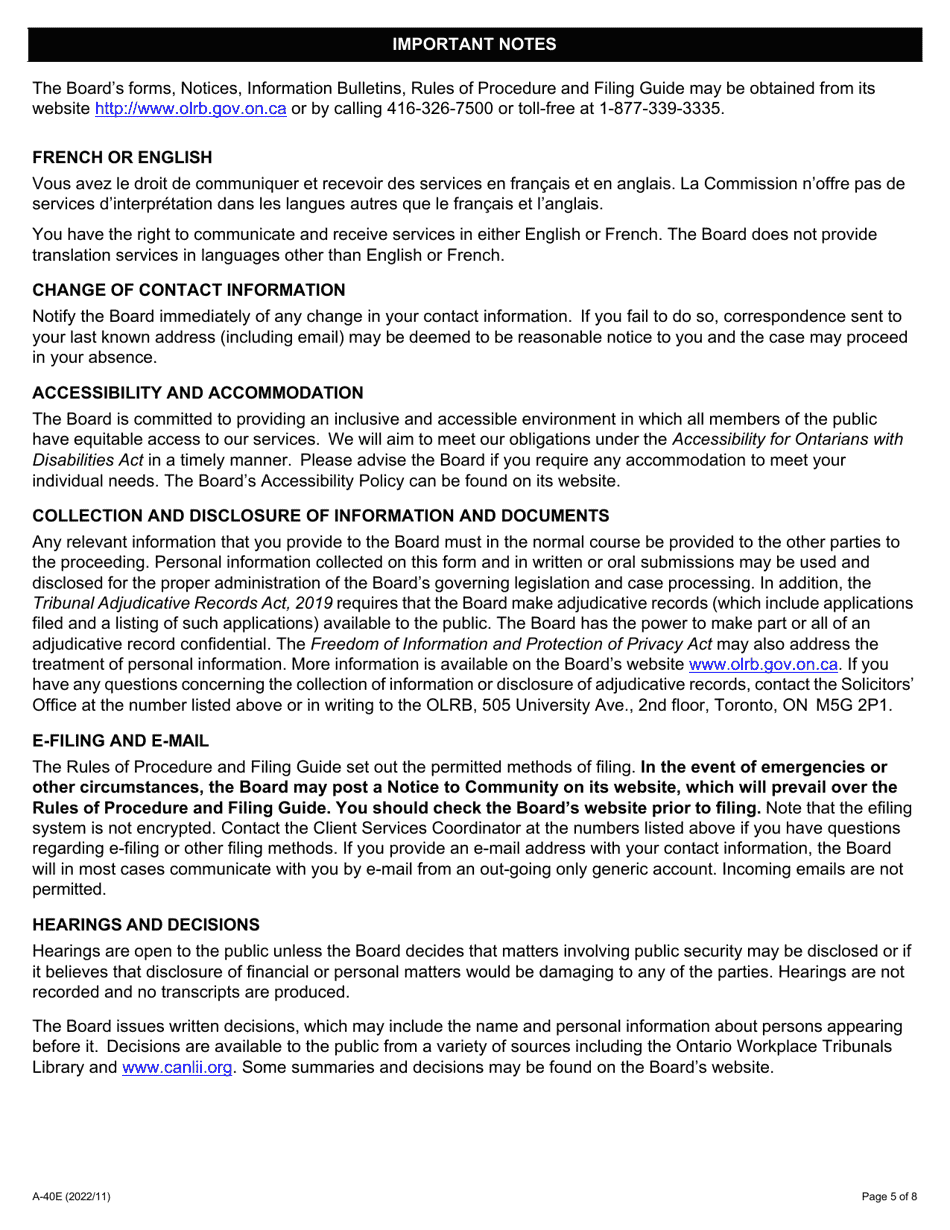 Form A-40 Response / Intervention - Application Regarding Unlawful Strike or Lock-Out - Ontario, Canada, Page 5
