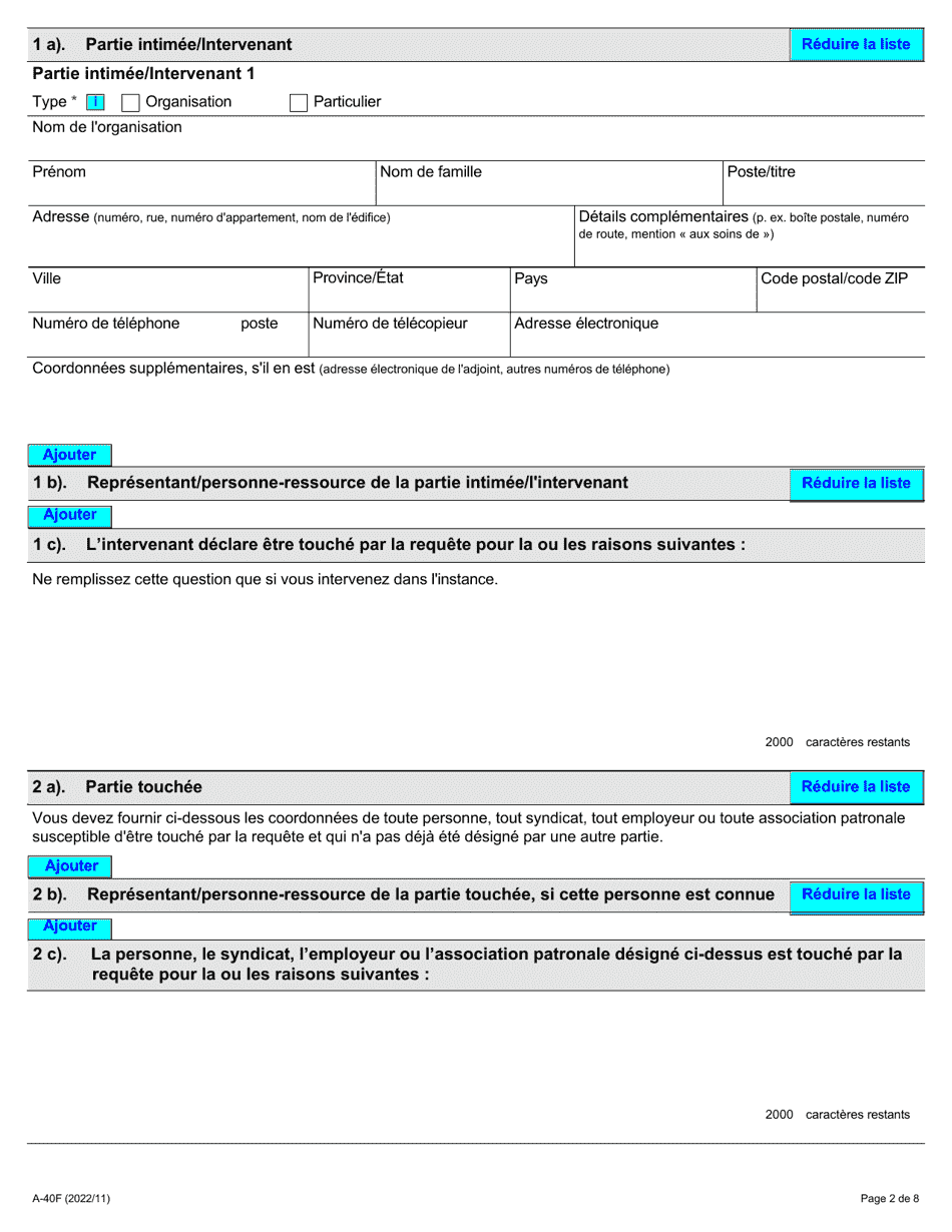 Forme A-40 Reponse / Intervention - Requete Relative a Une Greve Illicite Ou a Un Lock-Out Illicite - Ontario, Canada (French), Page 2