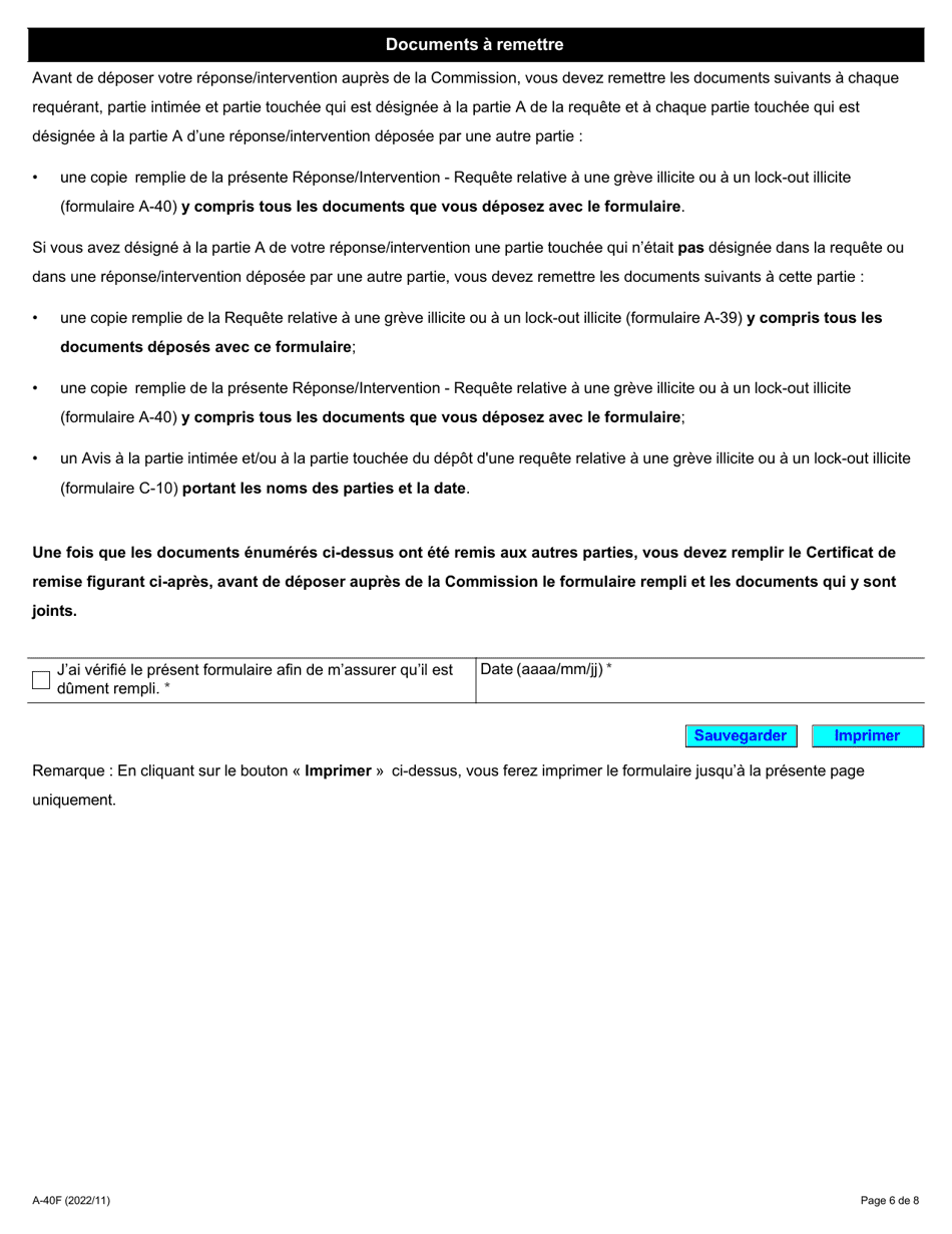 Forme A-40 Reponse / Intervention - Requete Relative a Une Greve Illicite Ou a Un Lock-Out Illicite - Ontario, Canada (French), Page 6