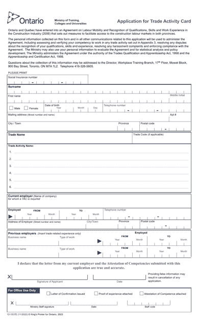 Form 12-1537E Application for Trade Activity Card - Ontario, Canada
