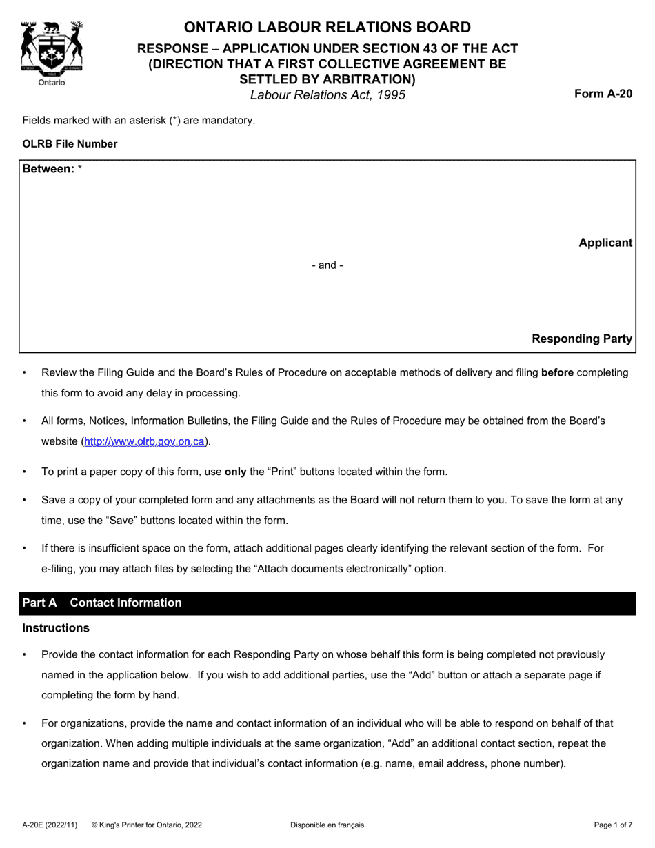 Form A 20 Fill Out Sign Online And Download Fillable PDF Ontario   Form A 20 Response Application Under Section 43 Of The Act Direction That A First Collective Agreement Be Settled By Arbitration Ontario Canada Print Big 