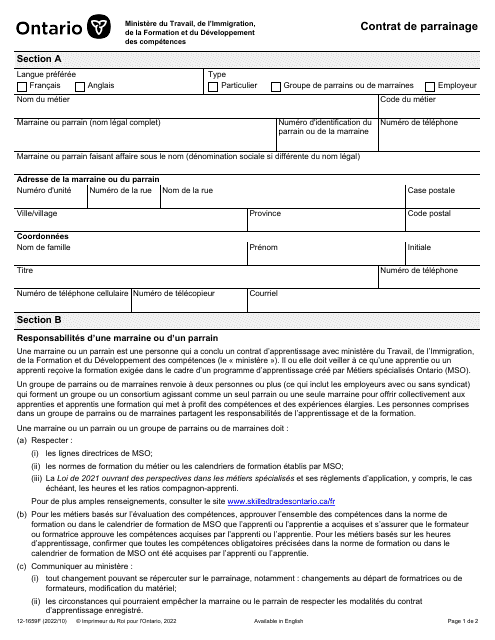 Forme 12-1659F Contrat De Parrainage - Ontario, Canada (French)