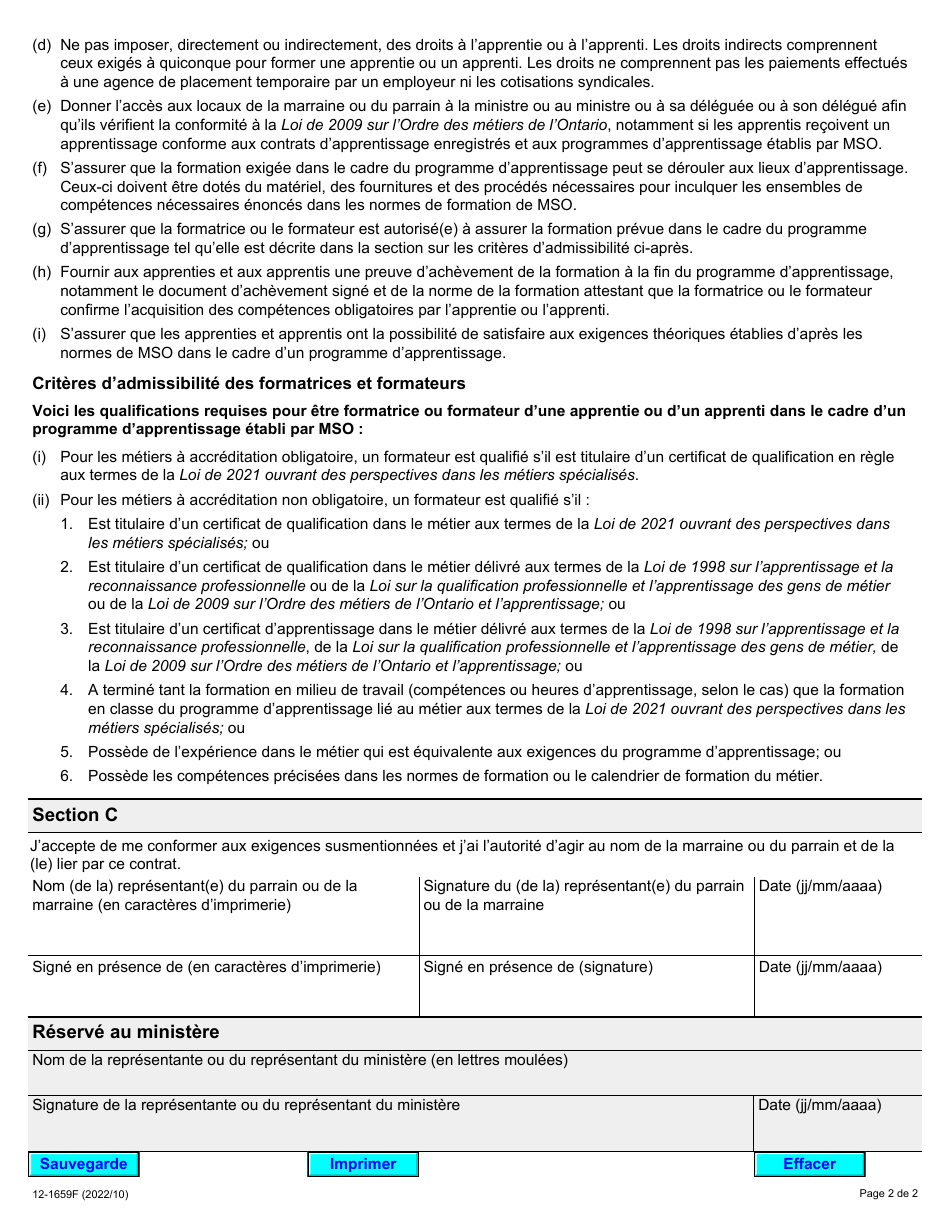 Forme 12-1659F Contrat De Parrainage - Ontario, Canada (French), Page 2