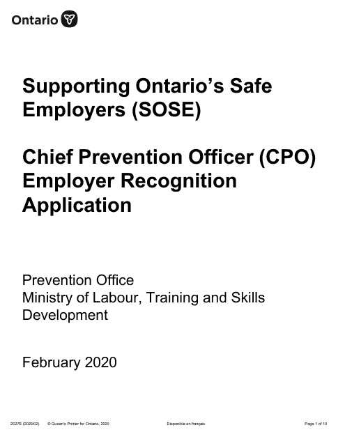 Form 2027E Supporting Ontario's Safe Employers (Sose) Chief Prevention Officer (Cpo) Employer Recognition Application - Ontario, Canada