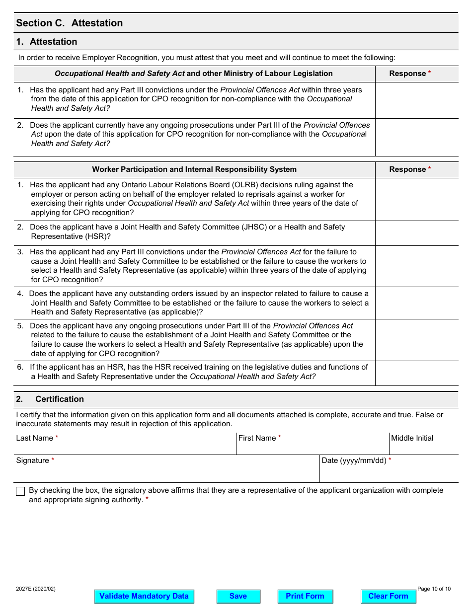Form 2027E Supporting Ontarios Safe Employers (Sose) Chief Prevention Officer (Cpo) Employer Recognition Application - Ontario, Canada, Page 10