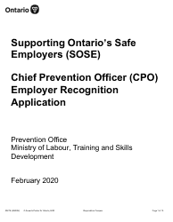 Form 2027E Supporting Ontario&#039;s Safe Employers (Sose) Chief Prevention Officer (Cpo) Employer Recognition Application - Ontario, Canada