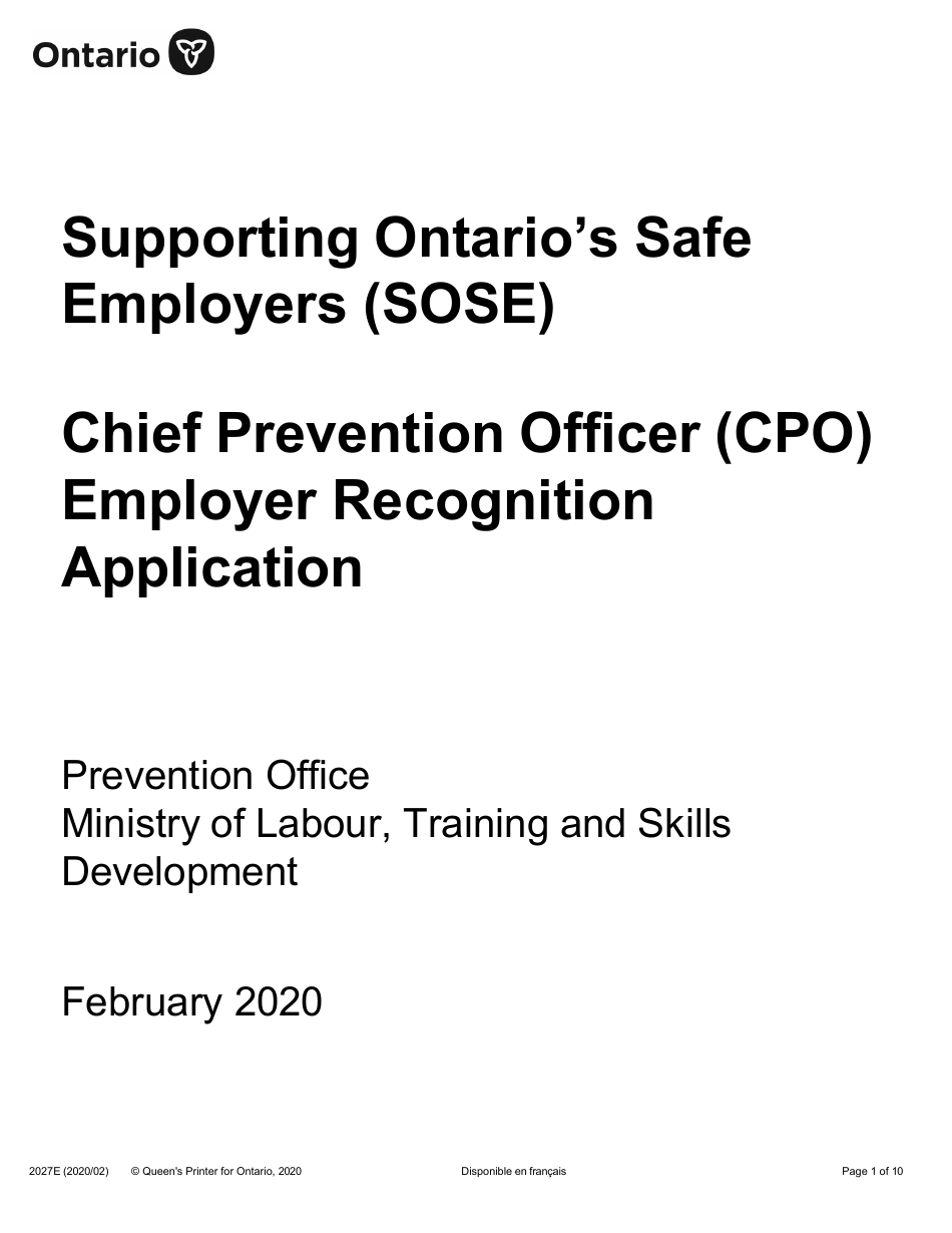 Form 2027E Supporting Ontarios Safe Employers (Sose) Chief Prevention Officer (Cpo) Employer Recognition Application - Ontario, Canada, Page 1