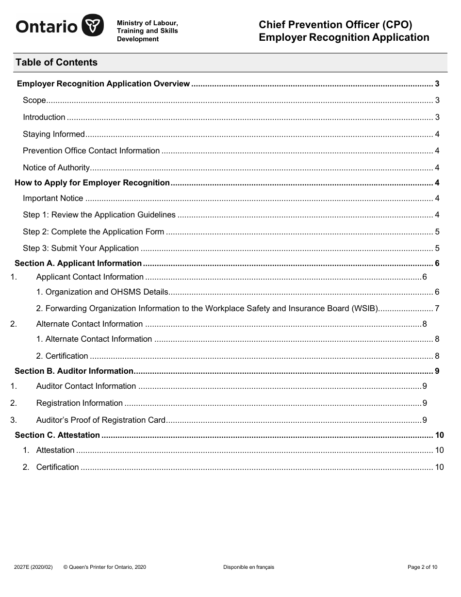 Form 2027E Supporting Ontarios Safe Employers (Sose) Chief Prevention Officer (Cpo) Employer Recognition Application - Ontario, Canada, Page 2