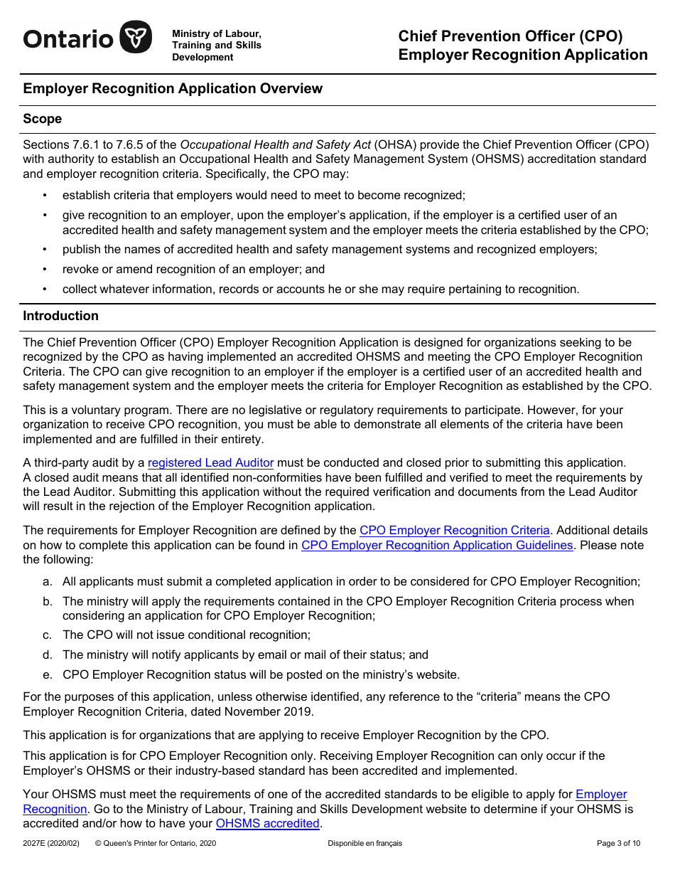 Form 2027E Supporting Ontarios Safe Employers (Sose) Chief Prevention Officer (Cpo) Employer Recognition Application - Ontario, Canada, Page 3
