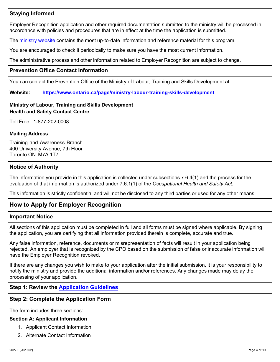 Form 2027E Supporting Ontarios Safe Employers (Sose) Chief Prevention Officer (Cpo) Employer Recognition Application - Ontario, Canada, Page 4