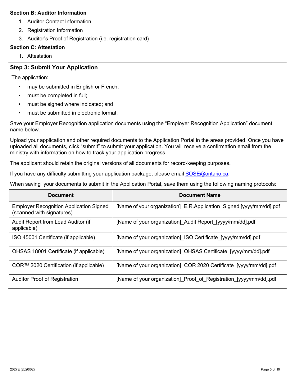 Form 2027E Supporting Ontarios Safe Employers (Sose) Chief Prevention Officer (Cpo) Employer Recognition Application - Ontario, Canada, Page 5