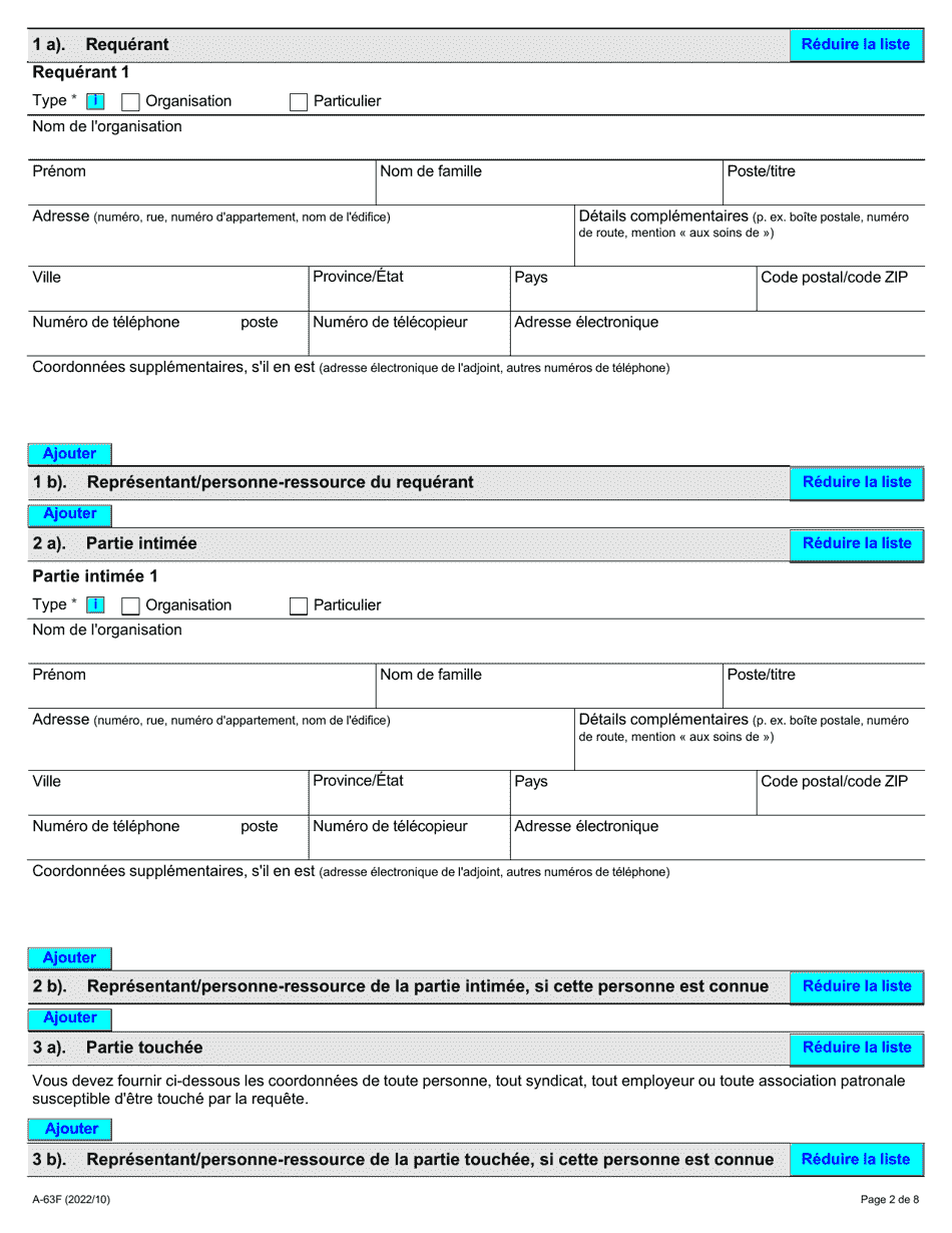 Forme A-63 Requete En Vertu De La Loi De 1997 Sur Les Relations De Travail Liees a La Transition Dans Le Secteur Public (A Lexclusion DES Articles 21, 22 Et 23 De La Loi) - Ontario, Canada (French), Page 2
