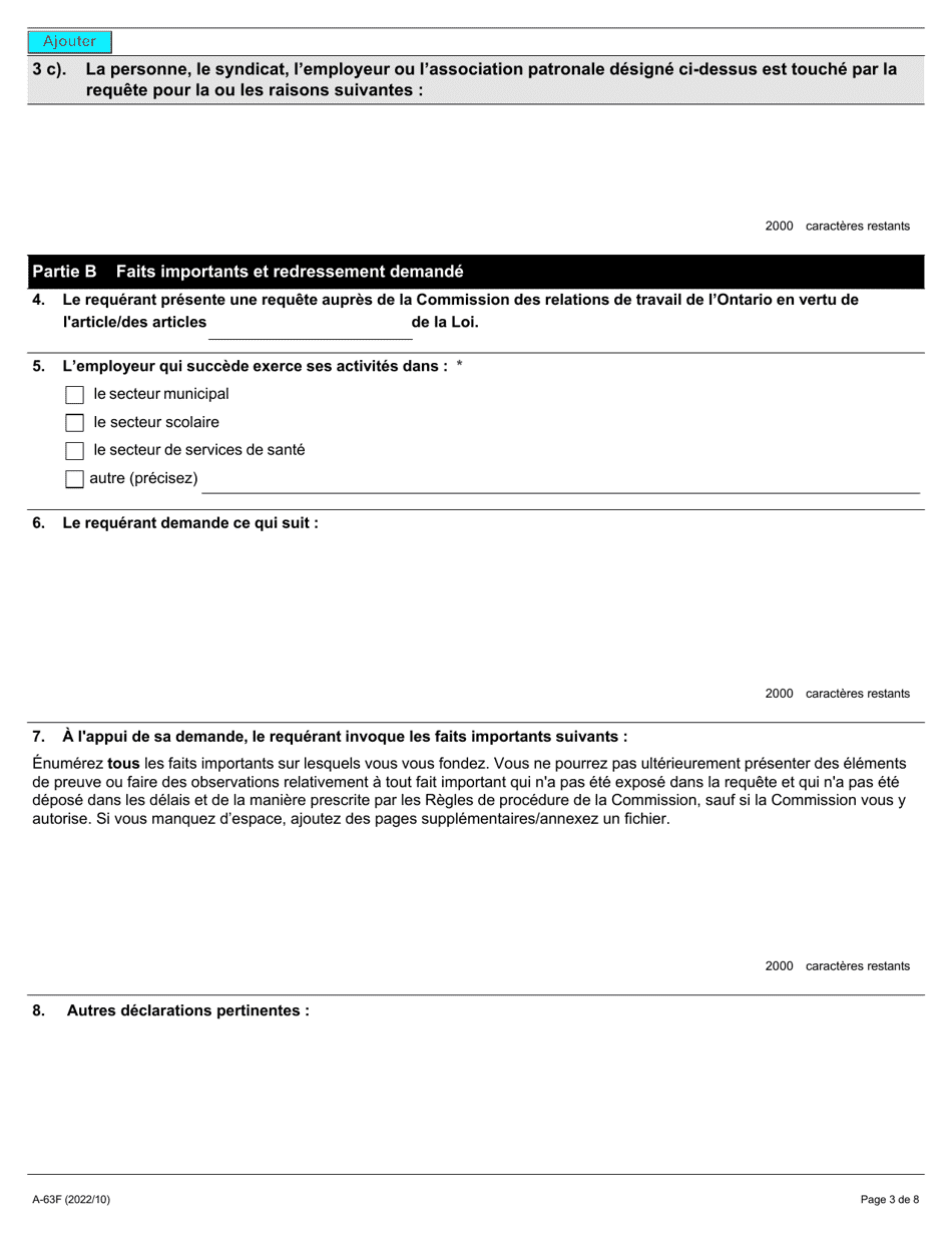Forme A-63 Requete En Vertu De La Loi De 1997 Sur Les Relations De Travail Liees a La Transition Dans Le Secteur Public (A Lexclusion DES Articles 21, 22 Et 23 De La Loi) - Ontario, Canada (French), Page 3