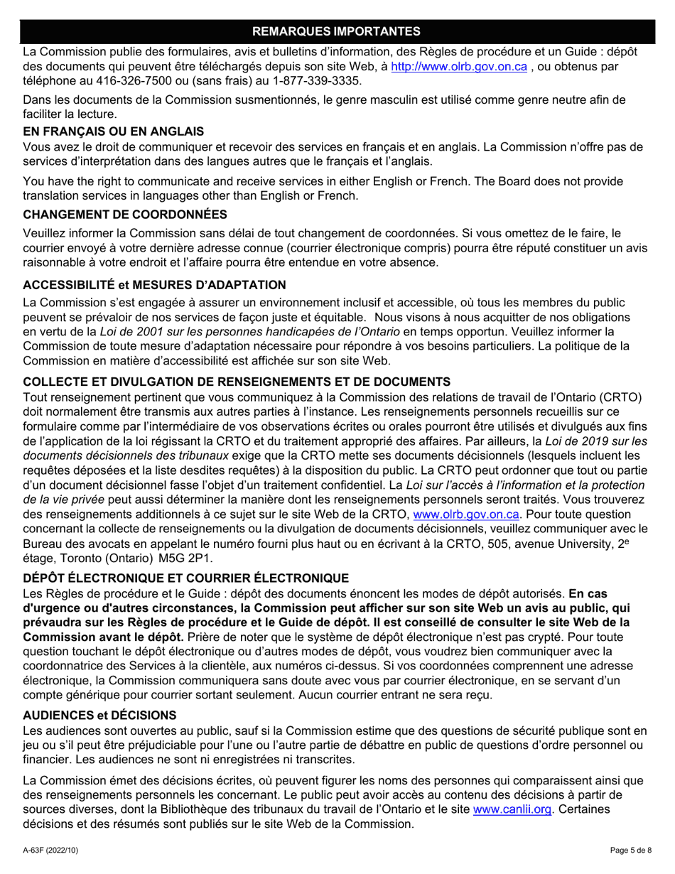 Forme A-63 Requete En Vertu De La Loi De 1997 Sur Les Relations De Travail Liees a La Transition Dans Le Secteur Public (A Lexclusion DES Articles 21, 22 Et 23 De La Loi) - Ontario, Canada (French), Page 5