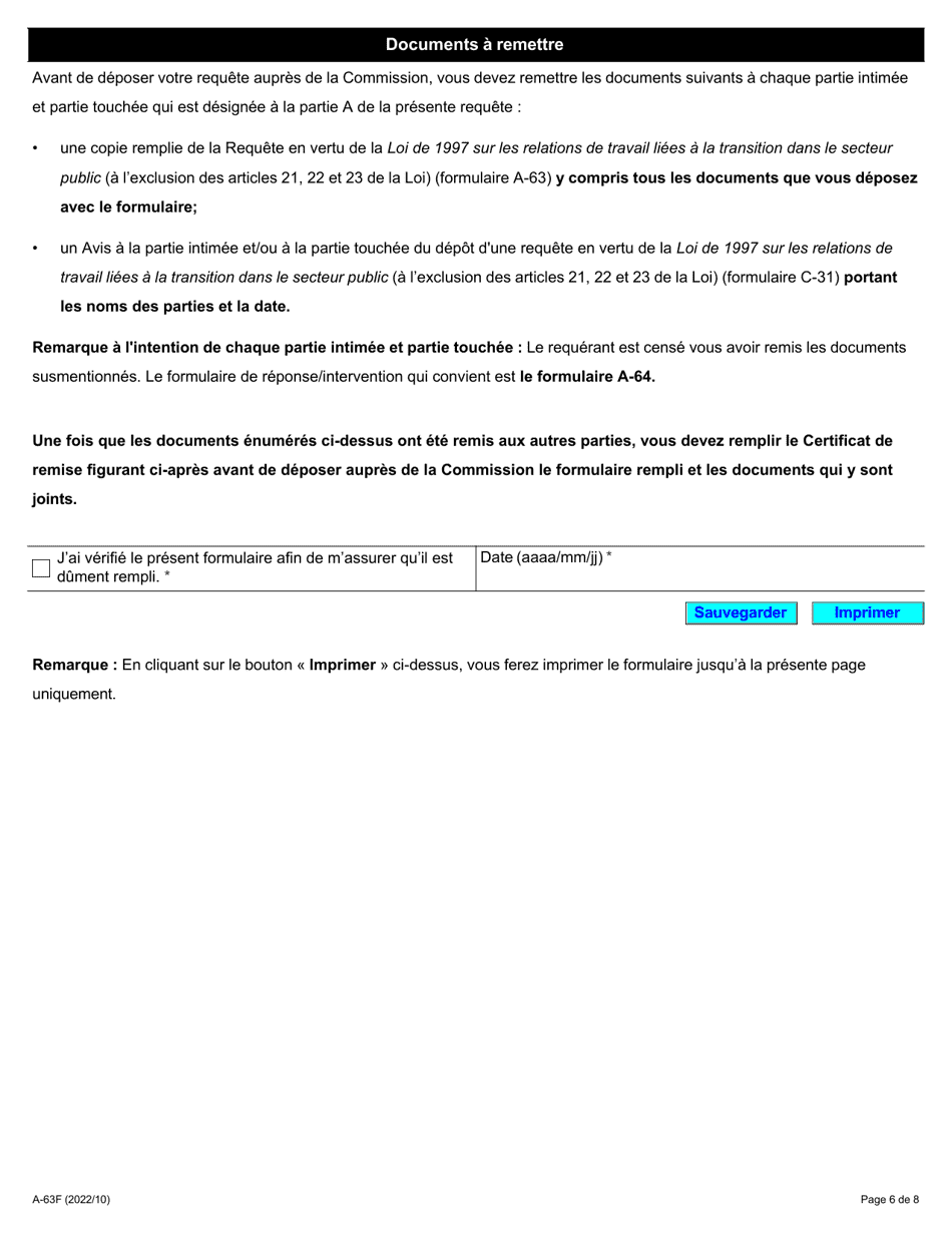 Forme A-63 Requete En Vertu De La Loi De 1997 Sur Les Relations De Travail Liees a La Transition Dans Le Secteur Public (A Lexclusion DES Articles 21, 22 Et 23 De La Loi) - Ontario, Canada (French), Page 6