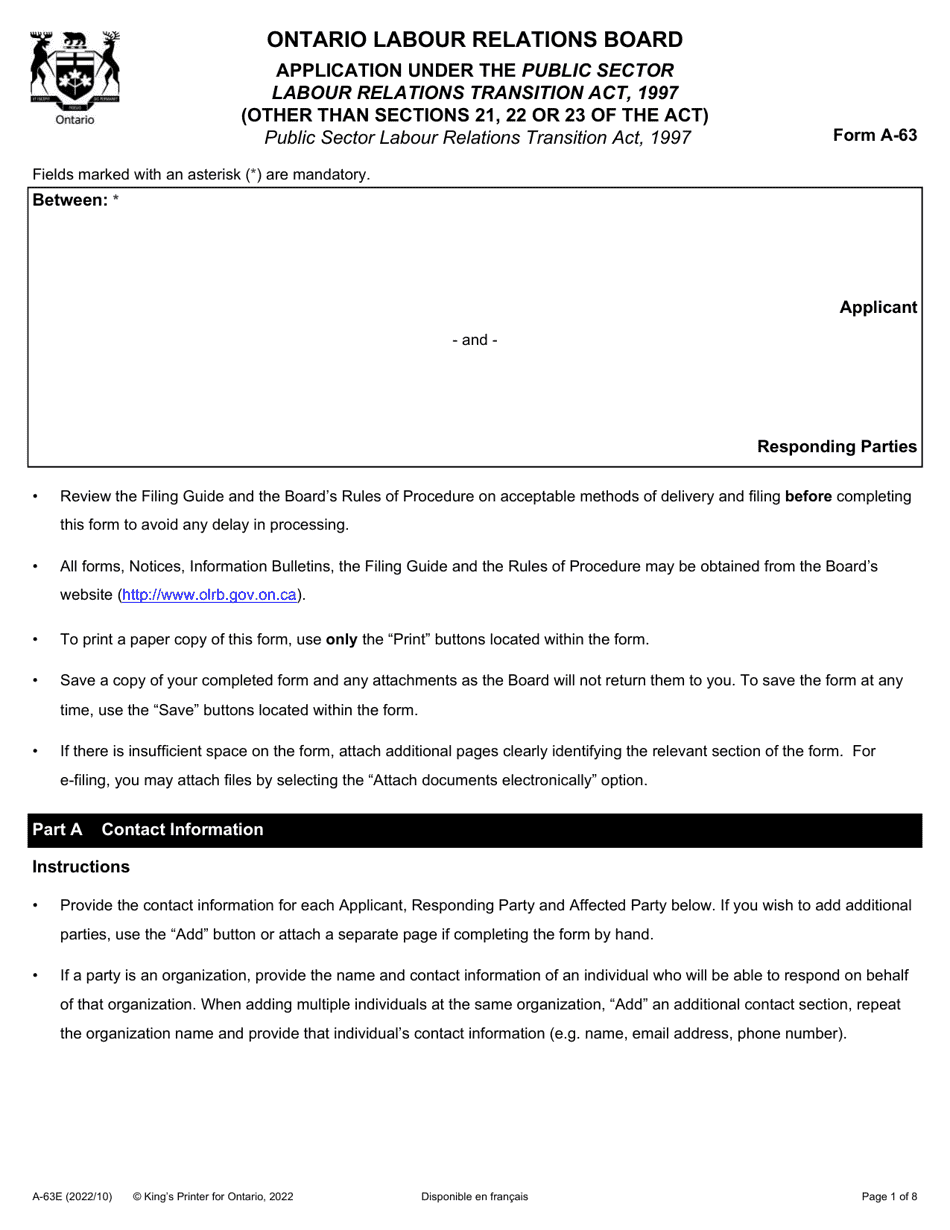 Form A-63 Application Under the Public Sector Labour Relations Transition Act, 1997 (Other Than Sections 21, 22 or 23 of the Act) - Ontario, Canada, Page 1