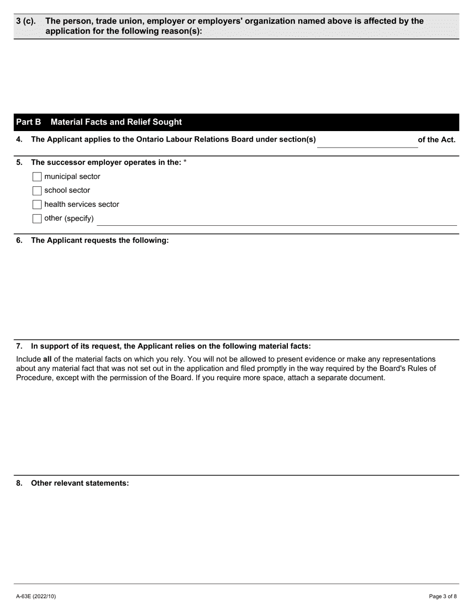 Form A-63 Application Under the Public Sector Labour Relations Transition Act, 1997 (Other Than Sections 21, 22 or 23 of the Act) - Ontario, Canada, Page 3