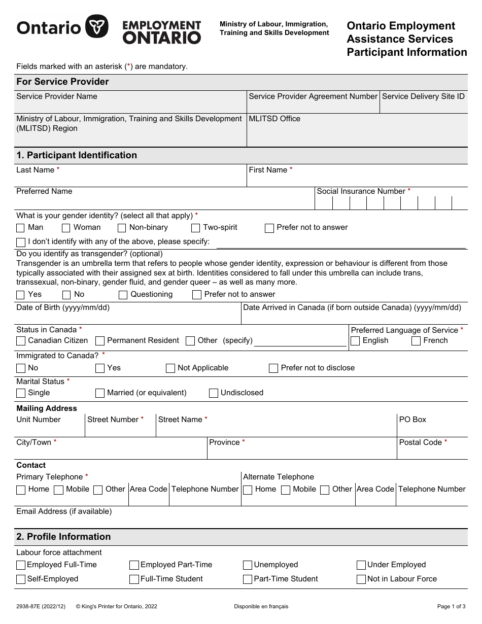 Form 2938-87E Ontario Employment Assistance Services Participant Information - Ontario, Canada, Page 1