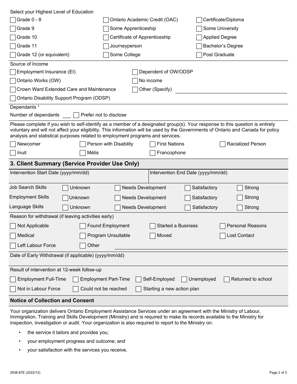 Form 2938-87E Ontario Employment Assistance Services Participant Information - Ontario, Canada, Page 2