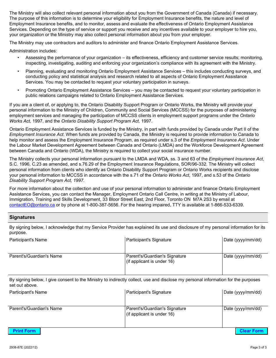 Form 2938-87E Ontario Employment Assistance Services Participant Information - Ontario, Canada, Page 3