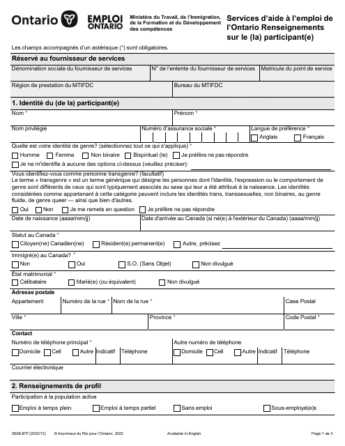 Forme 2938-87F Services D'aide a L'emploi De L'ontario Renseignements Sur Le (La) Participant(E) - Ontario, Canada (French)