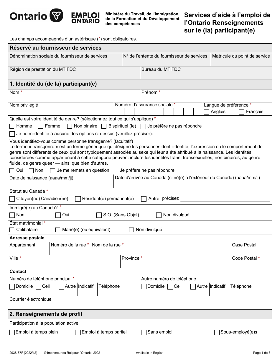 Forme 2938-87F Services Daide a Lemploi De Lontario Renseignements Sur Le (La) Participant(E) - Ontario, Canada (French), Page 1