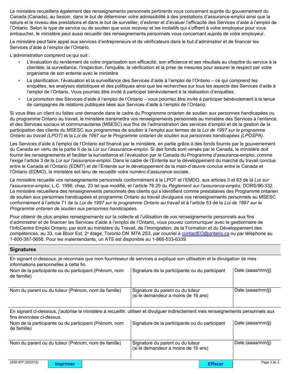 Forme 2938-87F Services Daide a Lemploi De Lontario Renseignements Sur Le (La) Participant(E) - Ontario, Canada (French), Page 3