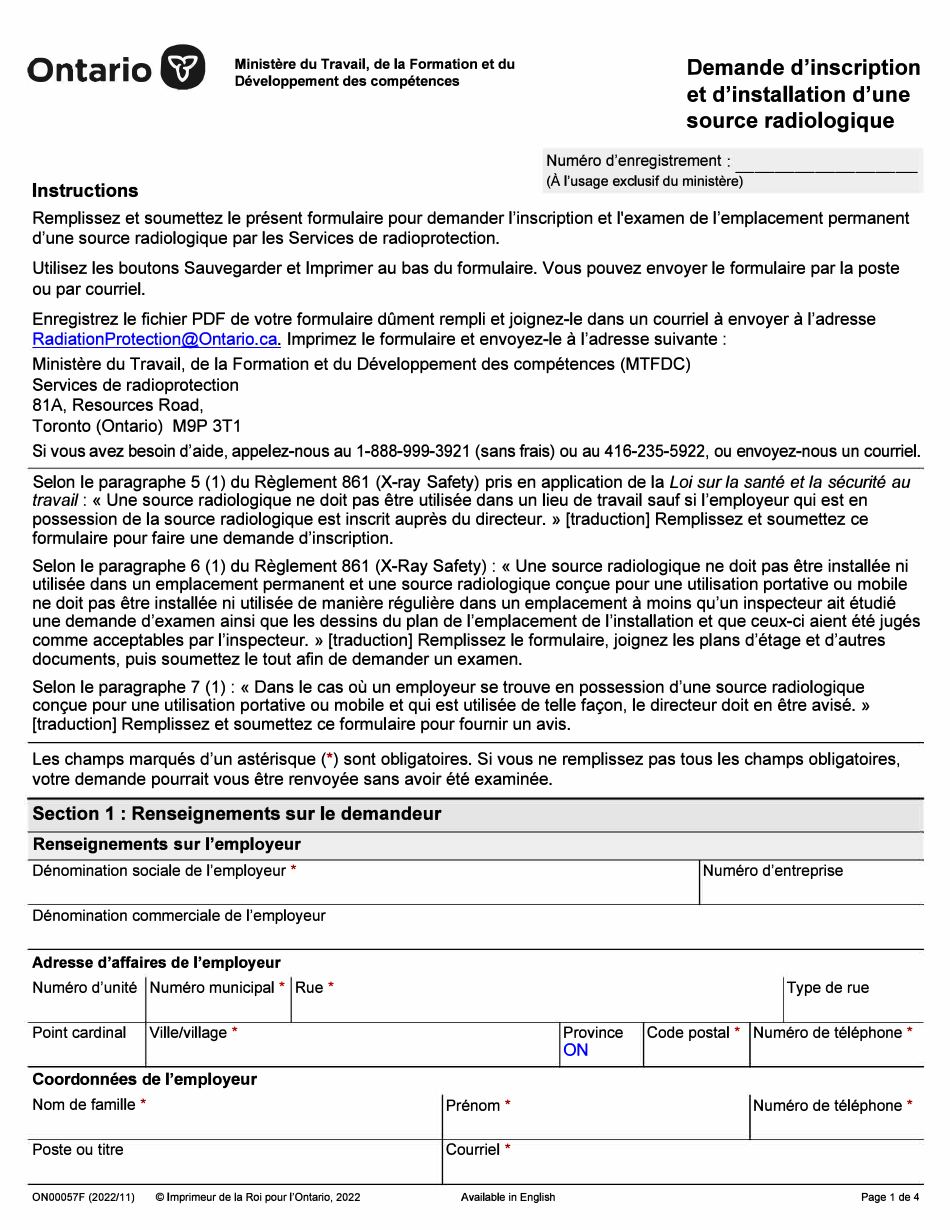 Forme ON00057F Demande Dinscription Et Dinstallation Dune Source Radiologique - Ontario, Canada (French), Page 1