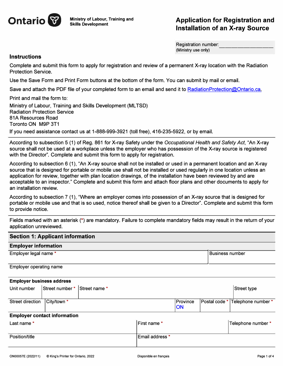 Form ON00057E Application for Registration and Installation of an X-Ray Source - Ontario, Canada, Page 1