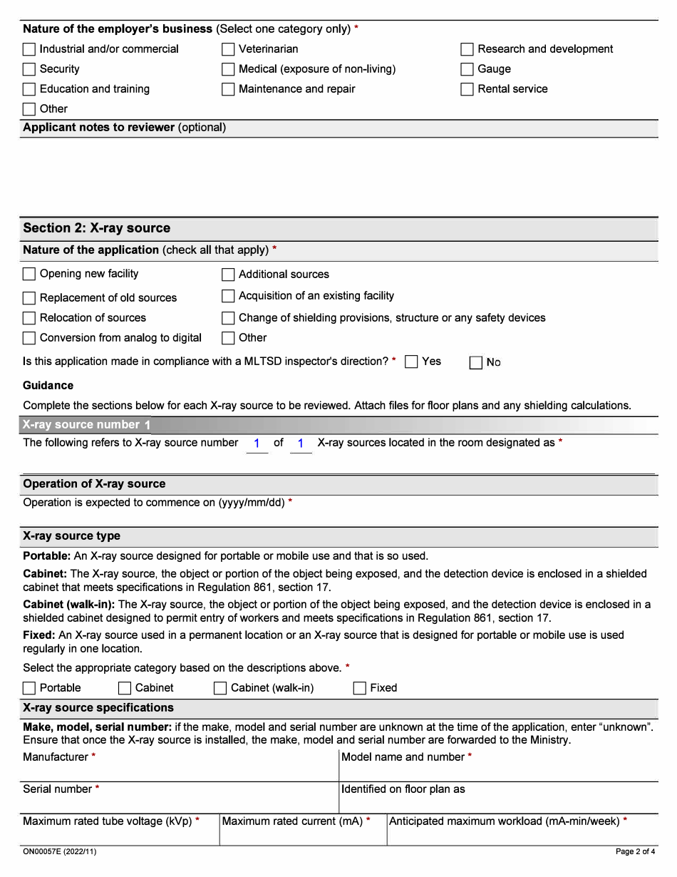 Form ON00057E Application for Registration and Installation of an X-Ray Source - Ontario, Canada, Page 2