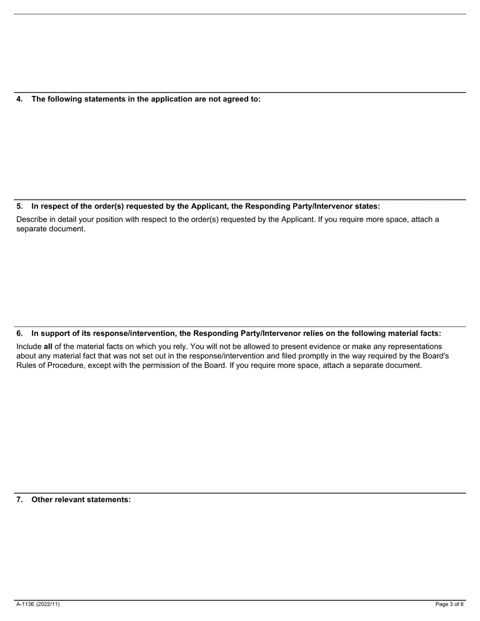 Form A-113 Response / Intervention - Application Under Section 105 or Section 141 (Determination of Whether Settlement Has Been Breached) - Ontario, Canada, Page 3