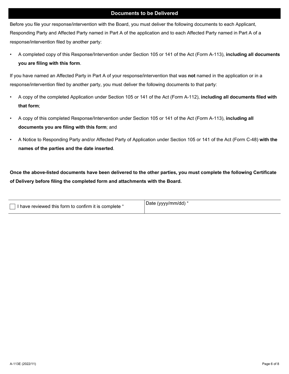 Form A-113 Response / Intervention - Application Under Section 105 or Section 141 (Determination of Whether Settlement Has Been Breached) - Ontario, Canada, Page 6