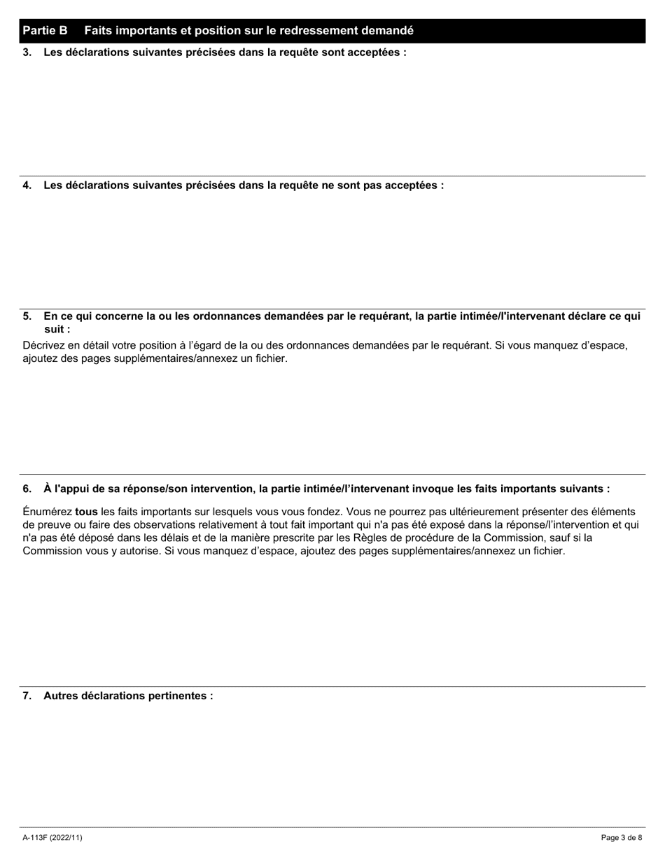Forme A-113 Reponse / Intervention - Requete Presentee En Vertu De Larticle 105 Ou 141 De La Loi (Requete Visant a Determiner Si Le Reglement a Ete Enfreint Ou Non) - Ontario, Canada (French), Page 3