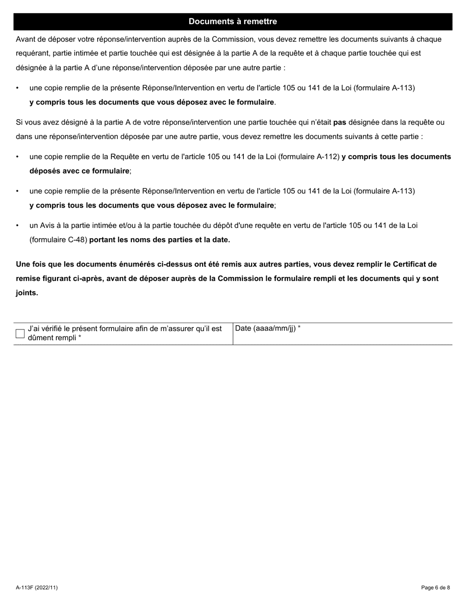 Forme A-113 Reponse / Intervention - Requete Presentee En Vertu De Larticle 105 Ou 141 De La Loi (Requete Visant a Determiner Si Le Reglement a Ete Enfreint Ou Non) - Ontario, Canada (French), Page 6